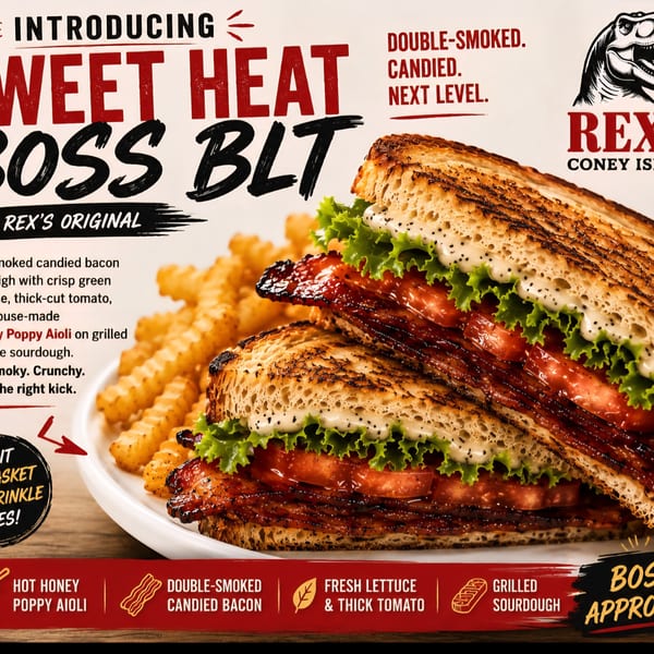 A Sweet Heat Boss BLT sandwich with candied bacon, lettuce, tomato, and poppy aioli, served with crinkle-cut fries.