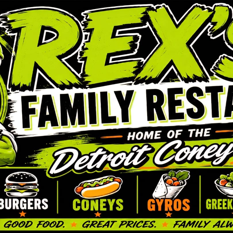 Rex Family Restaurant sign with menu items: burgers, coneys, gyros, and Greek food.