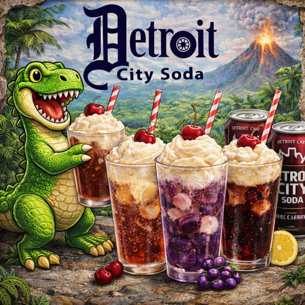 A cartoon dinosaur holding a Detroit City Soda float, with more floats and cans in a jungle scene.