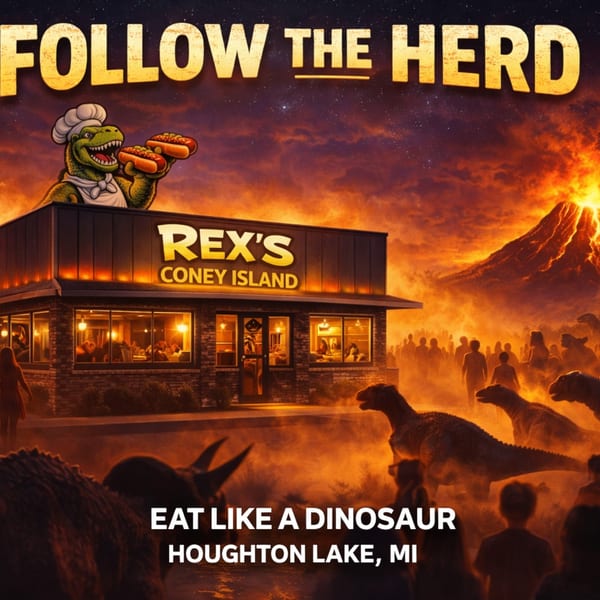 Rex's Coney Island restaurant with a chef dinosaur holding hot dogs, surrounded by dinosaurs and people.
