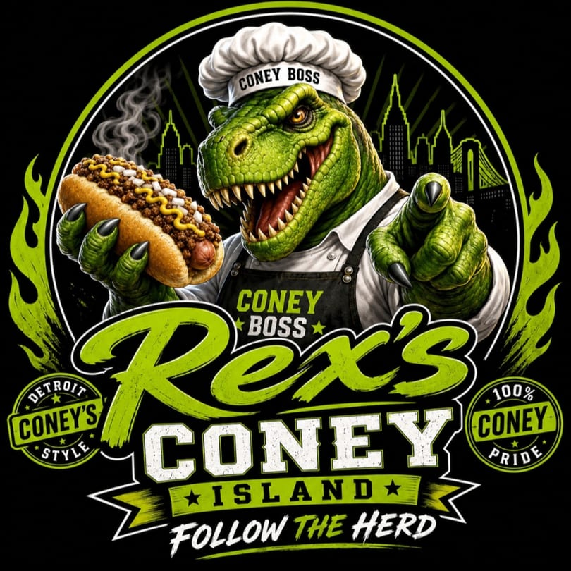 A T-Rex chef holding a hot dog, with "Rex's Coney Island" and city skyline in the background.