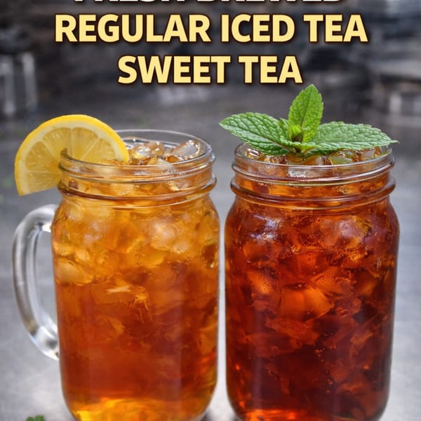 Two mason jars filled with iced tea, one with a lemon slice and the other with mint.