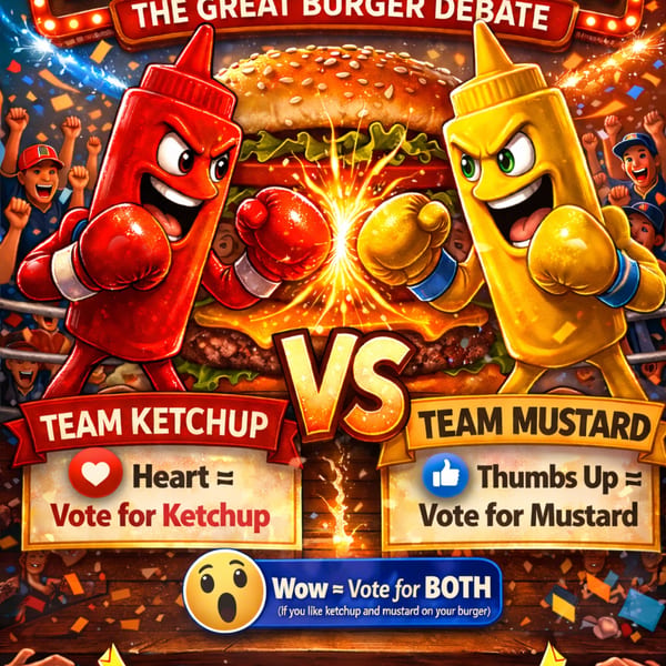 Cartoon ketchup and mustard bottles in boxing gloves fighting over a burger, with voting options.