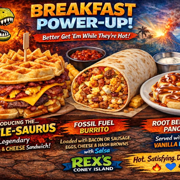 A breakfast waffle sandwich, a breakfast burrito, and pancakes with syrup, against a fiery volcano background.