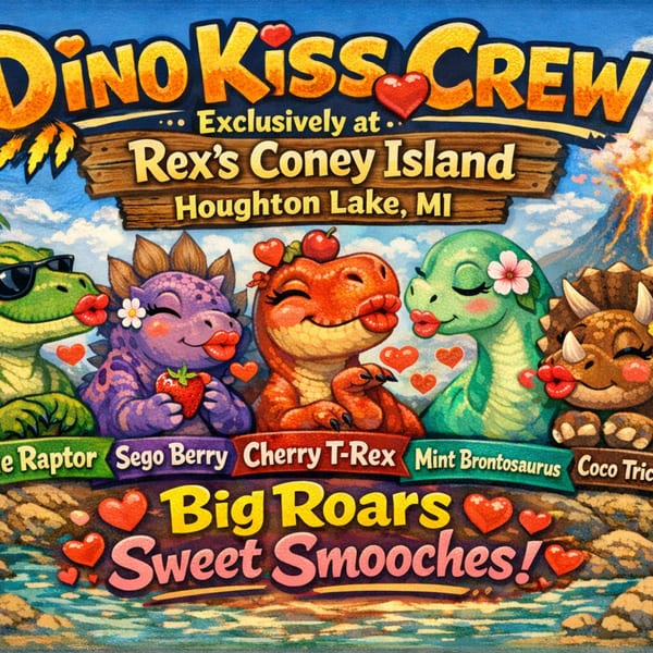 Cartoon dinosaurs with big red lips and hearts, advertising "Dino Kiss Crew" at Rex's Coney Island.
