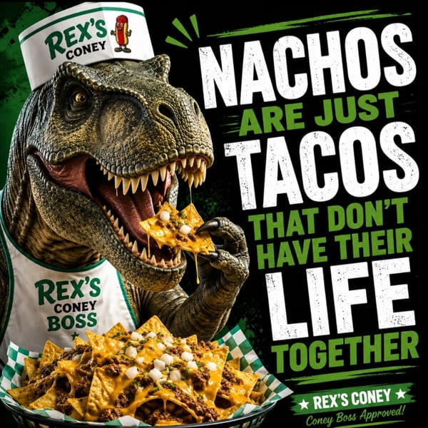 A T-Rex wearing a Rex's Coney chef hat and apron eats nachos, with text "Nachos are just tacos that don't have their life together."