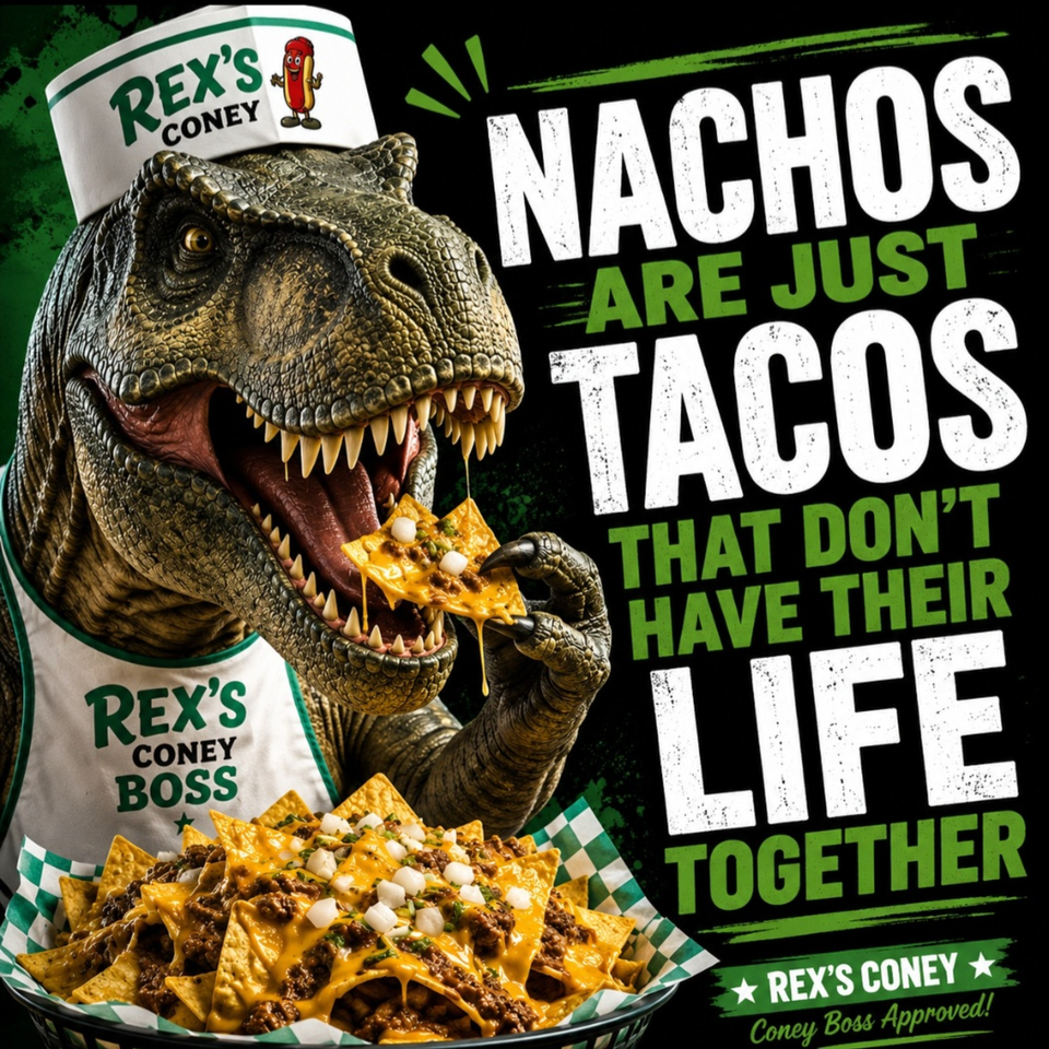 A T-Rex wearing a Rex's Coney chef hat and apron eats nachos, with text "Nachos are just tacos that don't have their life together."