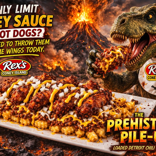 A T-Rex eating chili cheese wings from Rex's Coney Island with a volcano erupting in the background.