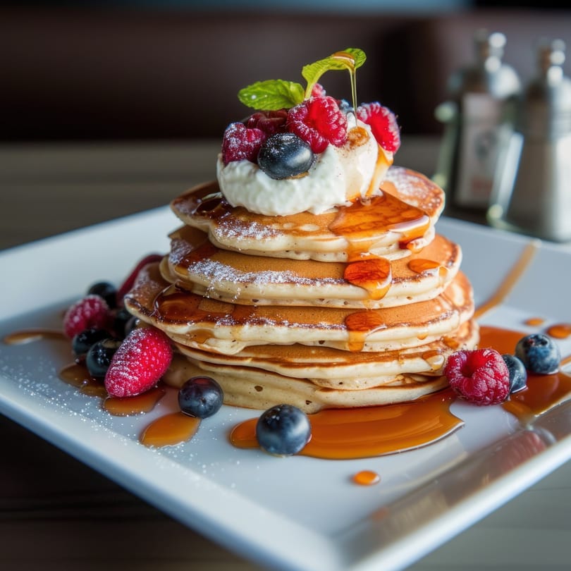 Stack of pancakes with whipped cream, berries, powdered sugar, and syrup on a white plate.