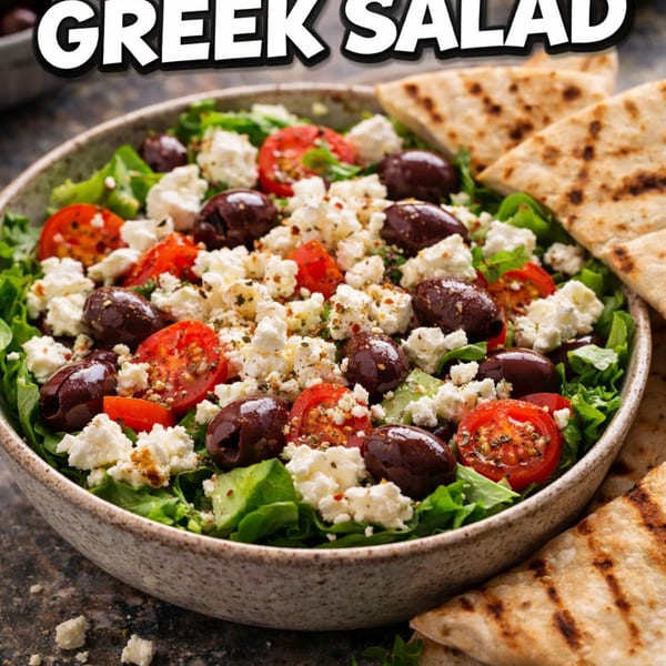 A vibrant Greek salad with lettuce, tomatoes, olives, and feta cheese, served with pita bread.