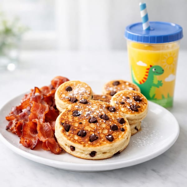 Chocolate chip pancakes with bacon and a dinosaur-themed cup of orange juice on a white plate.