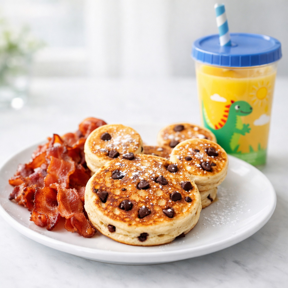 Chocolate chip pancakes with bacon and a dinosaur-themed cup of orange juice on a white plate.