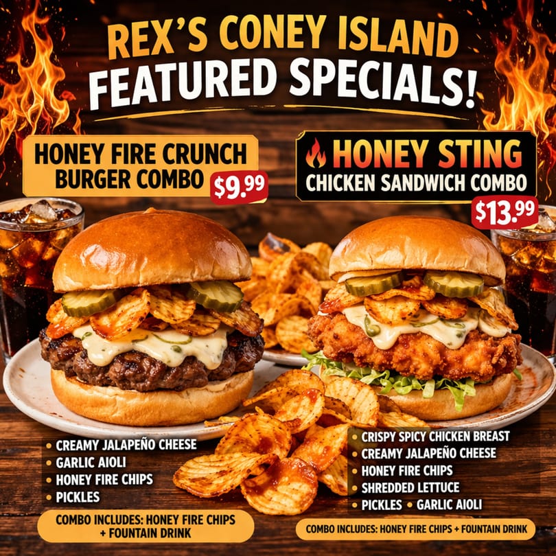 Rex's Coney Island specials: Honey Fire Crunch Burger and Honey Sting Chicken Sandwich combos with drinks.