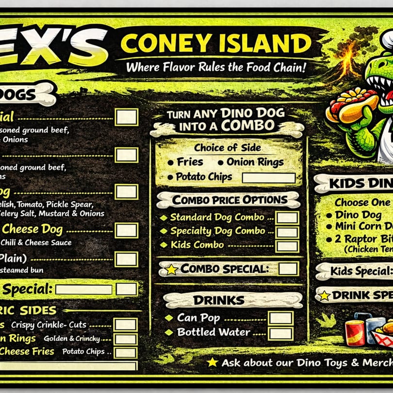 A menu for Rex's Coney Island, featuring hot dogs, sides, combos, and drinks, with a dinosaur chef mascot.