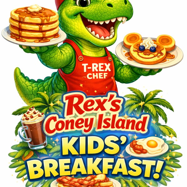 Cartoon T-Rex chef holding pancakes, advertising "Rex's Coney Island Kids' Breakfast" with other breakfast foods.