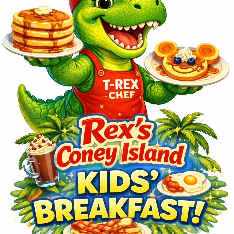 Cartoon T-Rex chef holding pancakes, advertising "Rex's Coney Island Kids' Breakfast" with other breakfast foods.