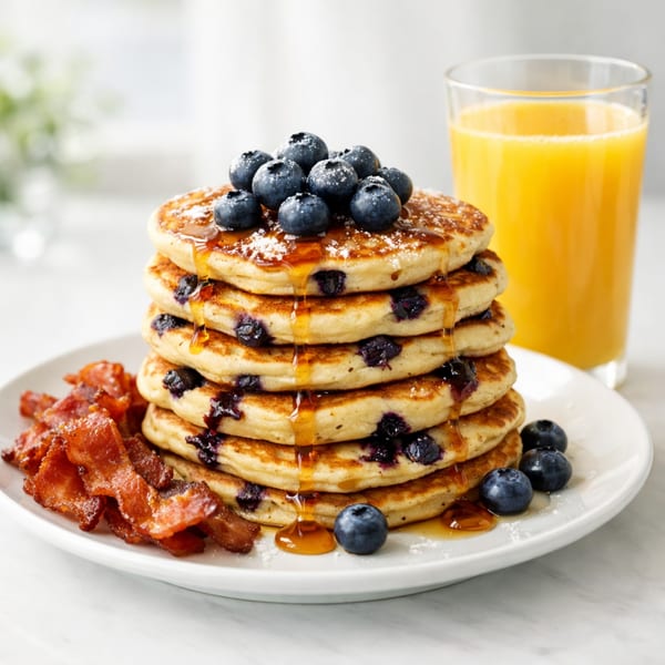 Stack of blueberry pancakes with syrup, bacon, and orange juice on a white plate.