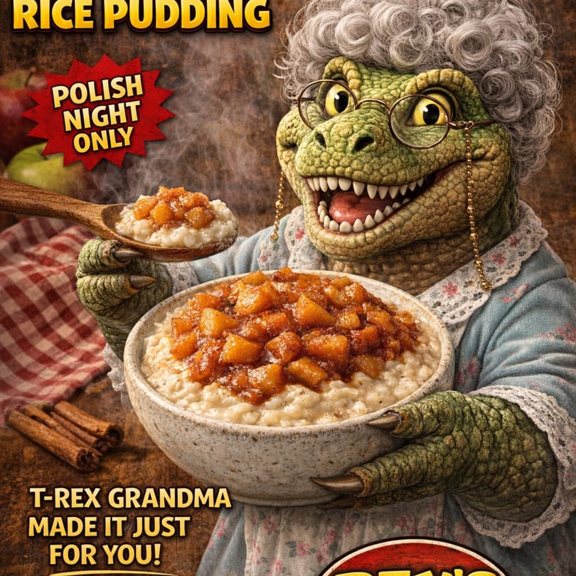A T-Rex grandma in glasses and a dress holds a bowl of rice pudding with apple topping.