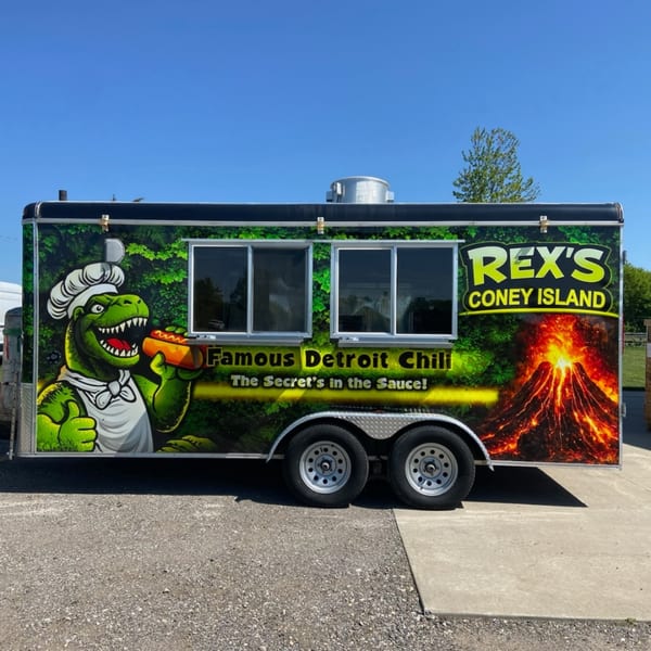 Rex's Coney Island food truck with a chef dinosaur holding a hot dog and a volcano graphic.